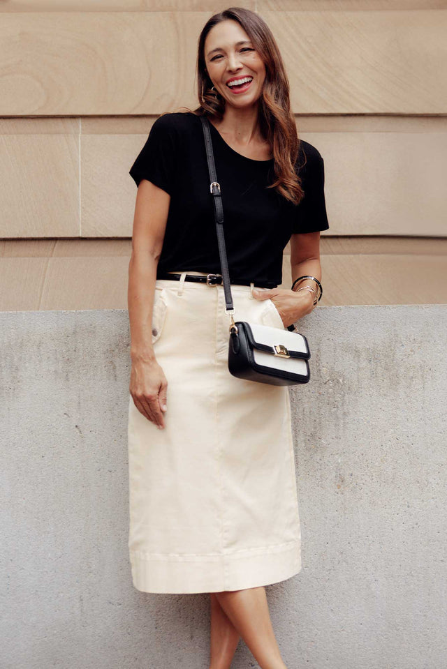 Astra Cream Denim Midi Skirt