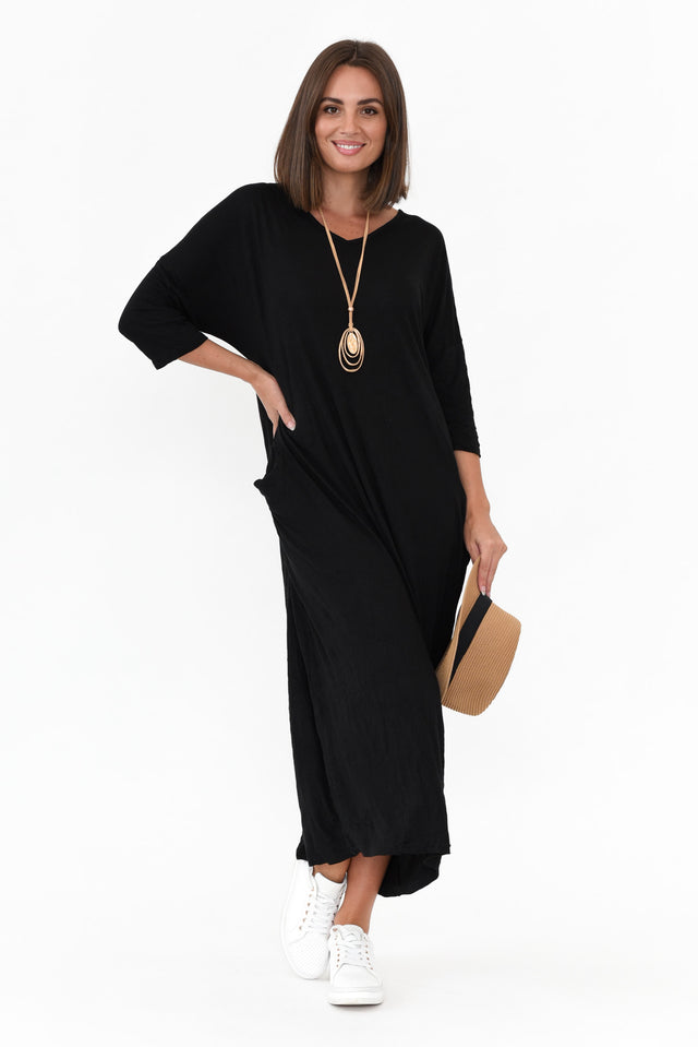 Travel Black Crinkle Cotton Sleeved Maxi Dress banner image