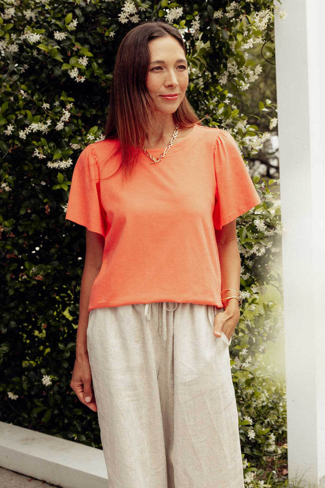 Calgary Coral Cotton Flutter Sleeve Top