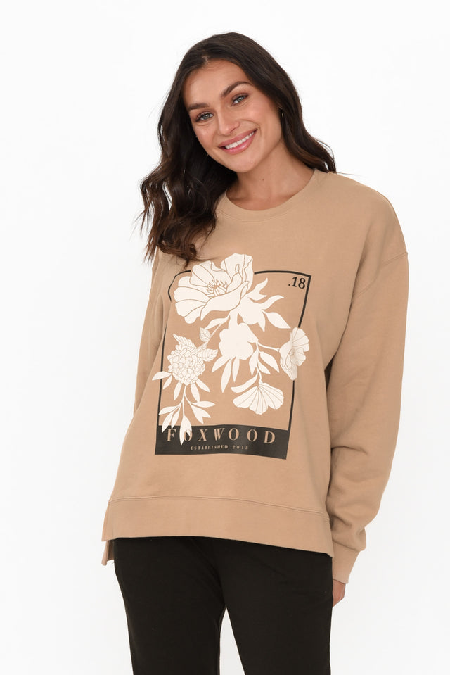 Carnation Tan Cotton Crew Jumper unknown neckline_Round hem_Straight print_Plain sleeve_Long colour_Tan JUMPERS   alt text|model:Brontie