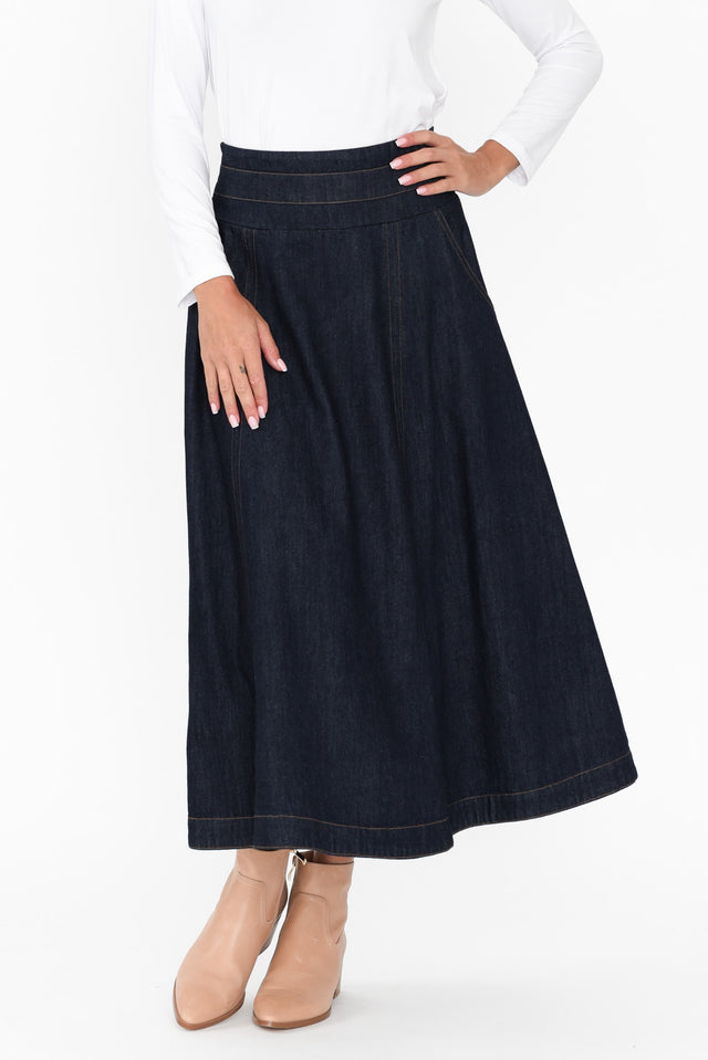 Dakota Dark Denim Skirt length_Midi print_Plain hem_Straight colour_Navy SKIRTS   alt text|model:Brontie