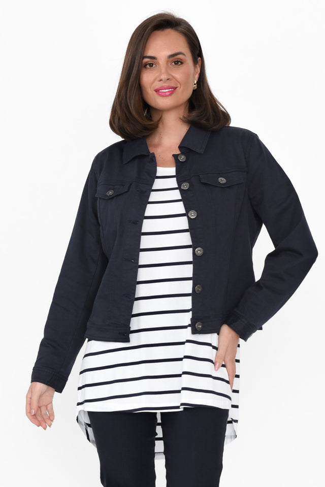 Danielle Navy Stretch Jean Jacket print_Plain length_Above Hip sleeve_Long hem_Straight sleevetype_Straight colour_Navy COATS & JACKETS   alt text|model:MJ