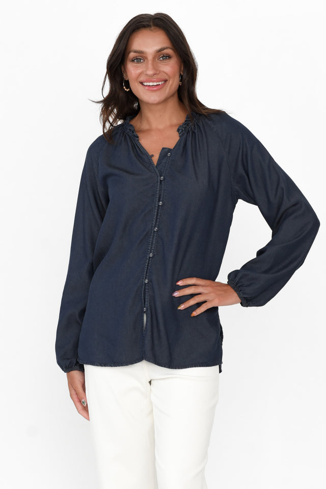 Drew Blue Denim Button Blouse neckline_V Neck   alt text|model:Brontie