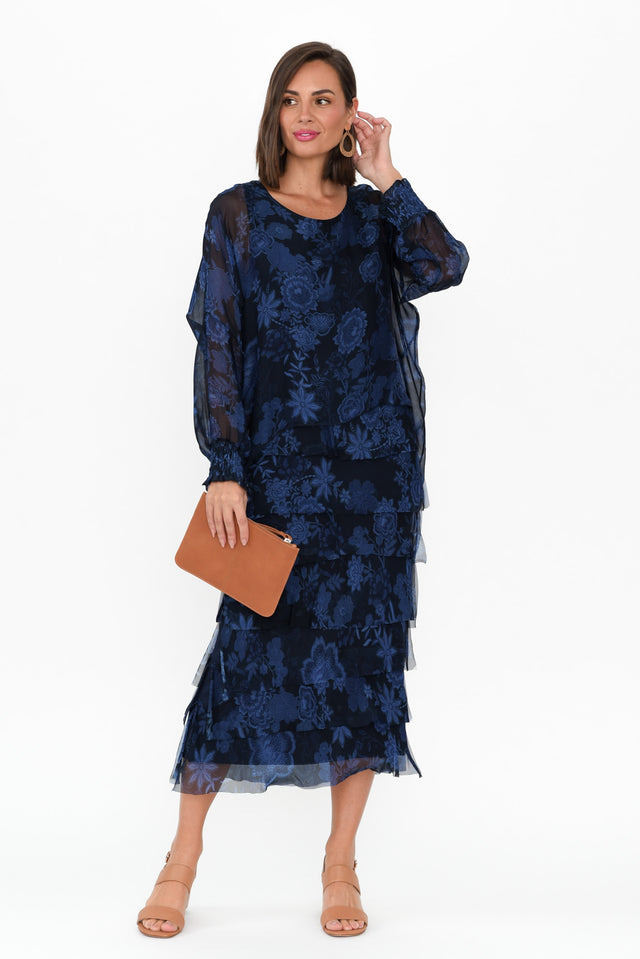 Eloria Navy Floral Silk Layer Dress hem_Straight length_Midi sleeve_Long neckline_Round sleevetype_Batwing print_Floral colour_Navy DRESSES    alt text|model:MJ