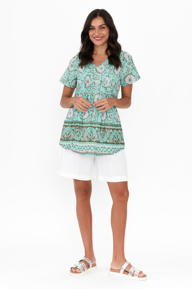 Fia Aqua Floral Crinkle Cotton Top banner image