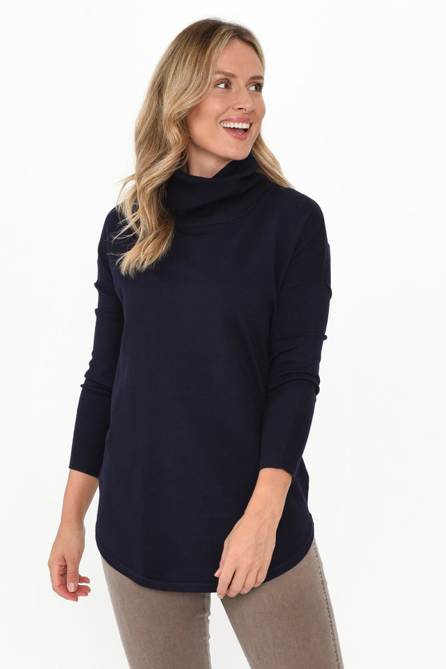 Fleur Dark Blue Knit Jumper neckline_Cowl hem_Curved print_Plain sleeve_Long colour_Black JUMPERS   alt text|model:Valeria