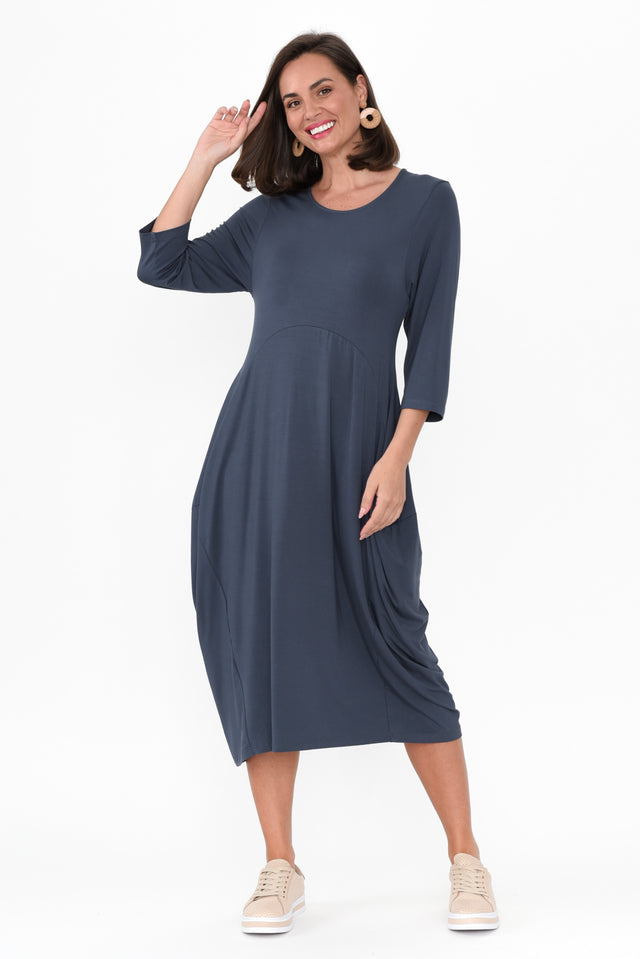 Glenda Blue Crescent Dress hem_Straight length_Midi sleeve_3/4 neckline_Round sleevetype_Straight print_Plain colour_Blue DRESSES    alt text|model:MJ