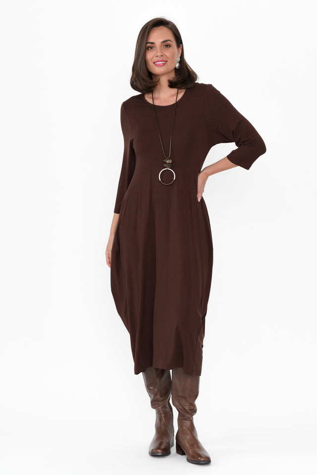 Glenda Chocolate Crescent Dress hem_Straight length_Midi sleeve_3/4 neckline_Round sleevetype_Straight print_Plain colour_Brown DRESSES    alt text|model:MJ