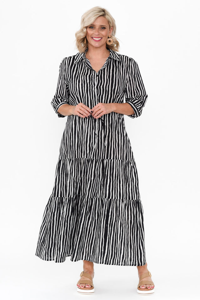 Ilaria Black Stripe Cotton Tie Dress image 9