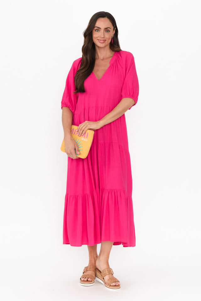 Imogene Hot Pink Cotton Linen Tiered Dress banner image