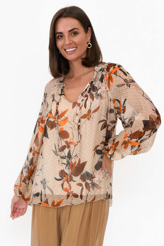 James Rust Leaf Front Tie Silk Top neckline_V Neck 