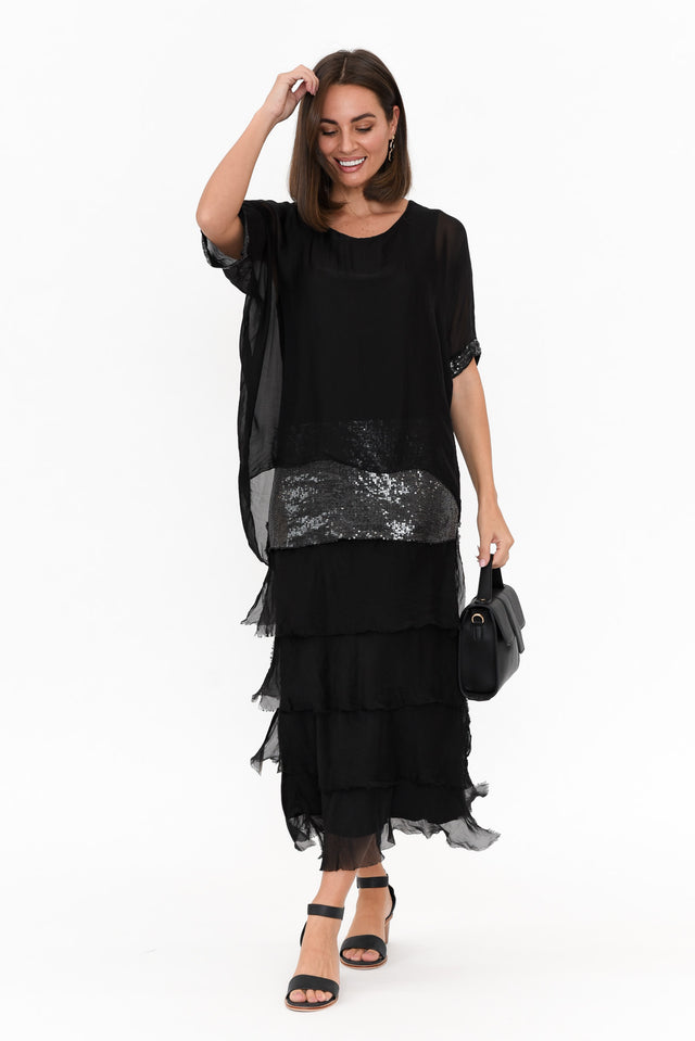 Katerina Black Sequin Silk Overlay Maxi Dress