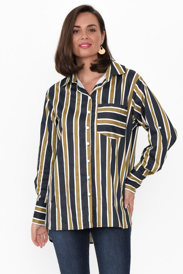 Kerry Navy Stripe Cotton Shirt neckline_V Neck print_Stripe sleevetype_Straight length_Long hem_Curved sleeve_Long TOPS    alt text|model:MJ