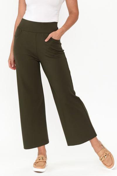 Kimmy Khaki Wide Leg Ponte Pants length_Cropped rise_High print_Plain colour_Khaki PANTS    alt text|model:Valeria