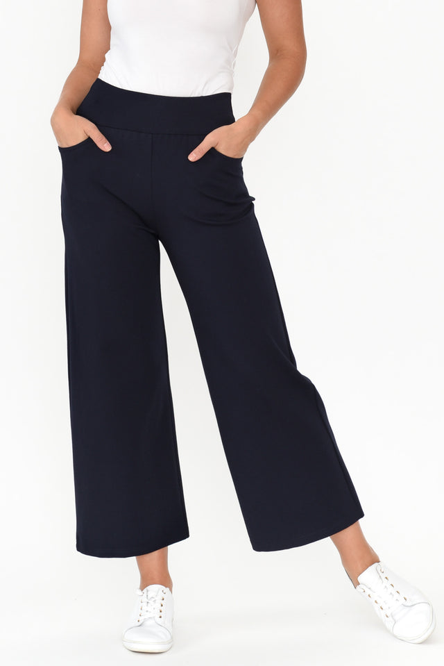 Kimmy Navy Wide Leg Ponte Pants length_Cropped rise_Mid print_Plain colour_Navy PANTS    alt text|model:Valeria