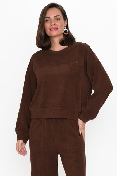 Kristie Chocolate Terry Jumper neckline_Round print_Plain sleevetype_Straight length_Above Hip hem_Straight sleeve_Long TOPS    alt text|model:MJ