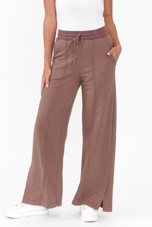 Kyla Brown Cotton Blend Wide Leg Pants length_Full rise_Mid print_Plain colour_Brown PANTS    alt text|model:Brontie