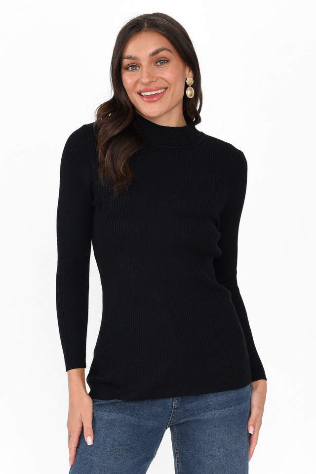 Laurina Black Cotton Blend Ribbed Top neckline_High print_Plain sleevetype_Straight length_Hip hem_Straight sleeve_Long TOPS    alt text|model:Brontie