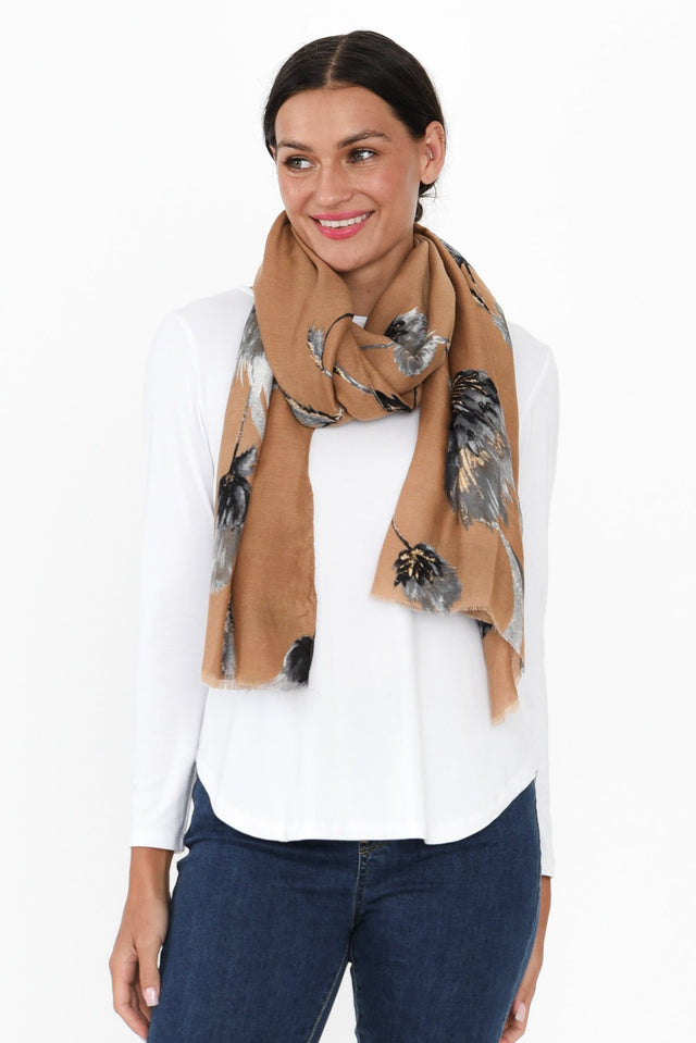 Lelia Camel Flower Fringe Scarf