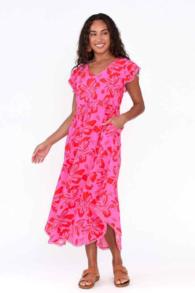 Libby Pink Frangipani Midi Dress