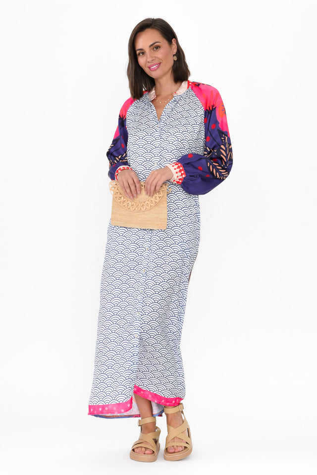 Maeva Navy Geo Shirt Dress hem_Straight length_Maxi sleeve_Long neckline_V Neck sleevetype_Statement print_Geometric colour_Navy DRESSES    alt text|model:MJ