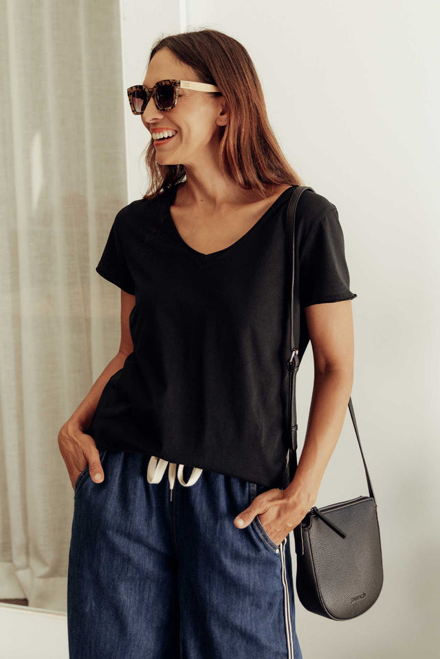 Maggie Black Cotton Vee Tee