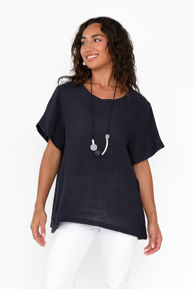 Micah Navy Linen Scoop Neck Top neckline_Round   alt text|model:Demi image 1