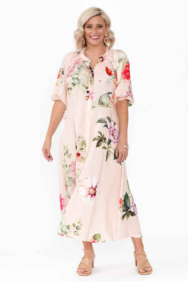 Moraya Pink Floral Linen Blend Dress image 8