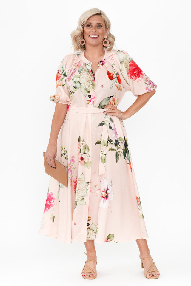 Moraya Pink Floral Linen Blend Dress