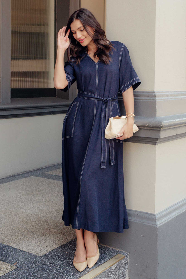 Navarra Navy Contrast Linen Blend Dress