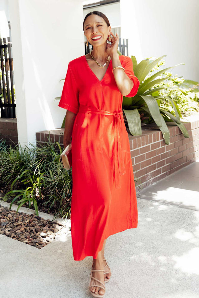 Navarra Red Contrast Linen Blend Dress