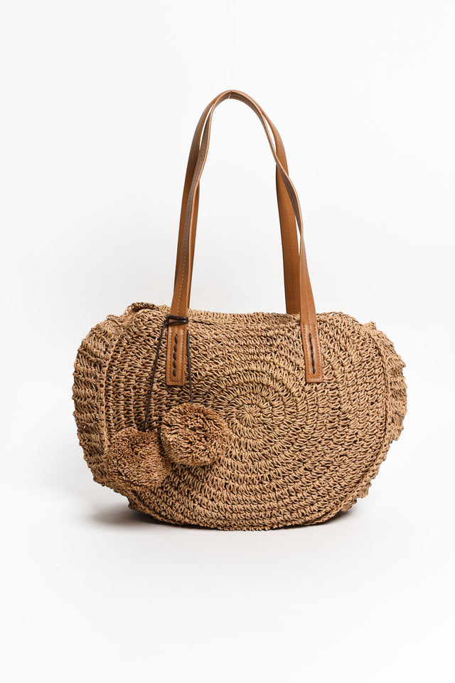 Noella Camel Tassel Round Straw Tote