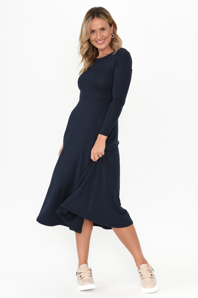 Olivia Dark Navy Bamboo Sleeved Dress hem_Straight length_Midi sleeve_Long neckline_High sleevetype_Straight print_Plain colour_Navy DRESSES    alt text|model:Valeria