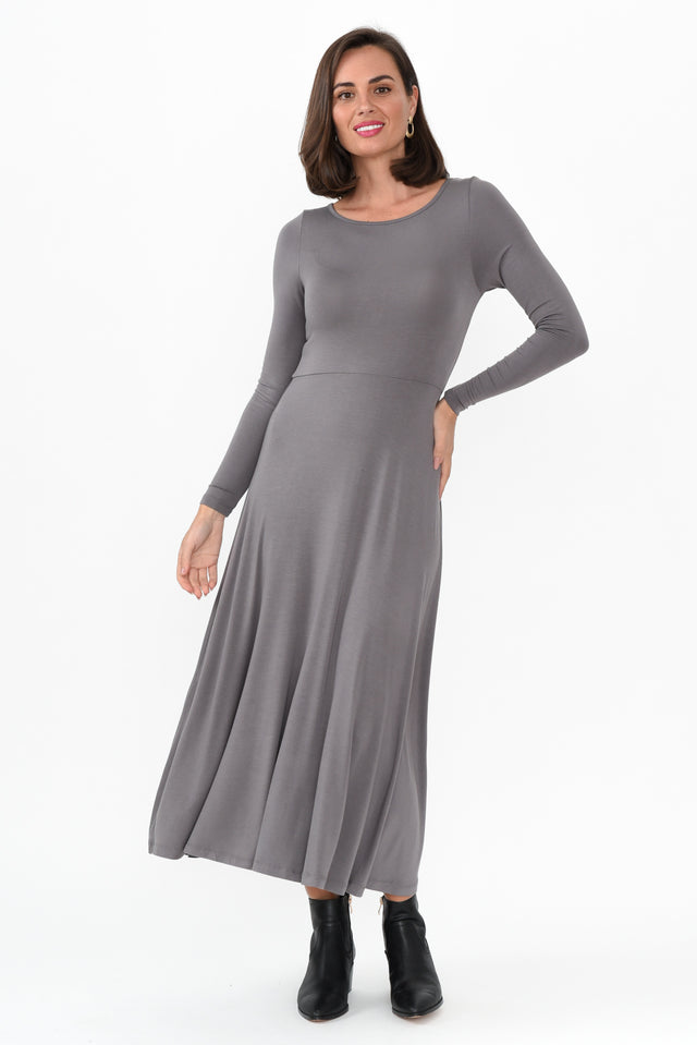 Olivia Grey Bamboo Sleeved Dress hem_Straight length_Maxi sleeve_Long neckline_Round sleevetype_Straight print_Plain colour_Grey DRESSES   alt text|model:MJ