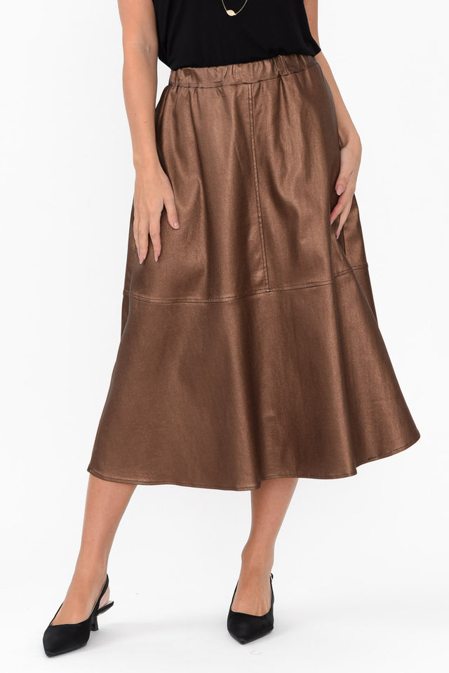 Oriel Bronze Faux Leather Midi Skirt length_Below Knee print_Plain hem_Straight colour_Brown SKIRTS   alt text|model:MJ