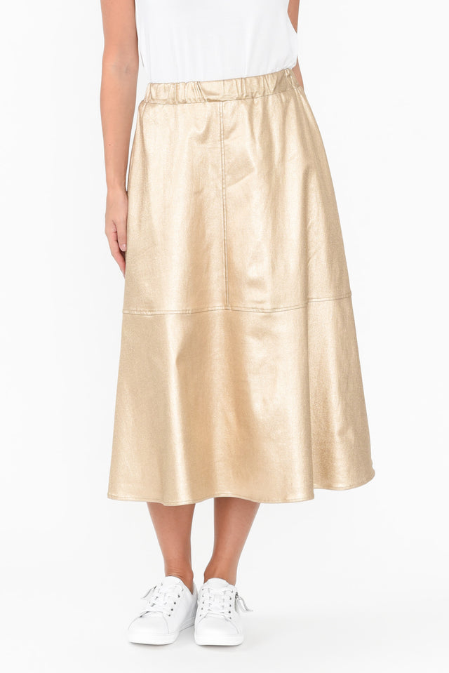 Oriel Gold Faux Leather Midi Skirt length_Midi print_Plain hem_Straight colour_Gold SKIRTS   alt text|model:MJ