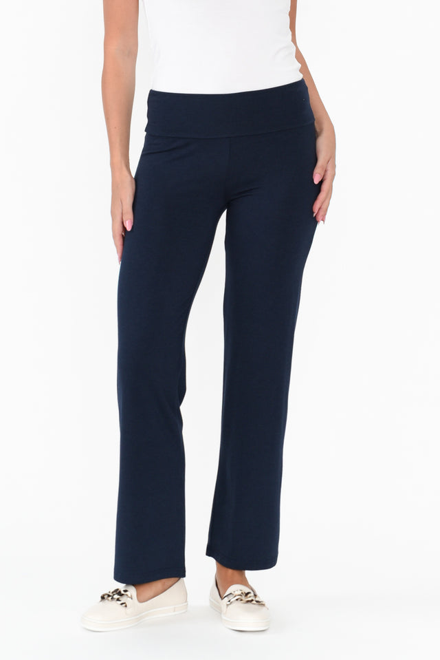 Pamela Dark Navy Bamboo Pants - Petite length_Full rise_High print_Plain colour_Navy PANTS    alt text|model:MJ image 1