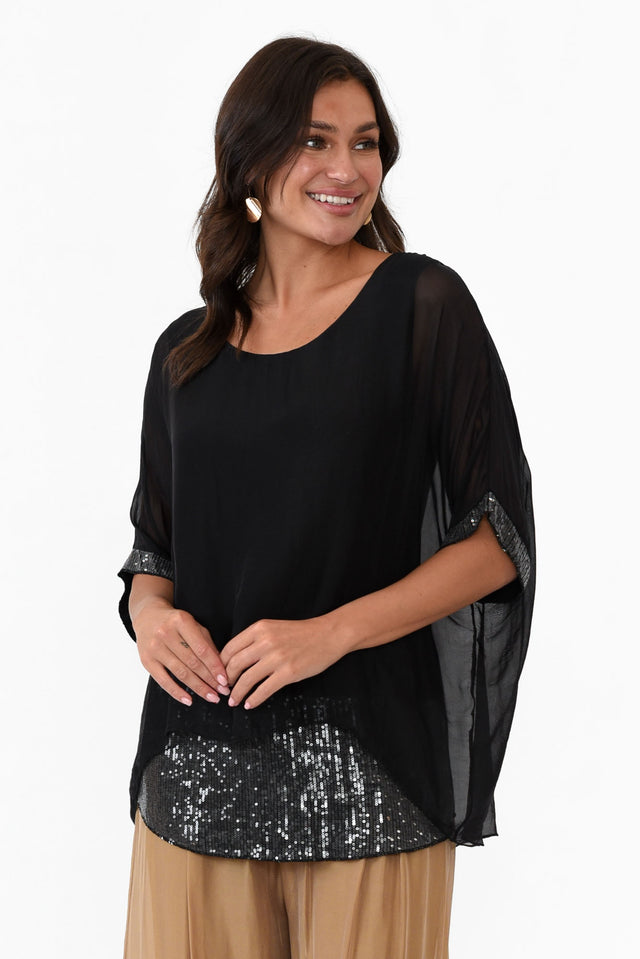 Parker Black Silk Sequin Top neckline_Round   alt text|model:Brontie