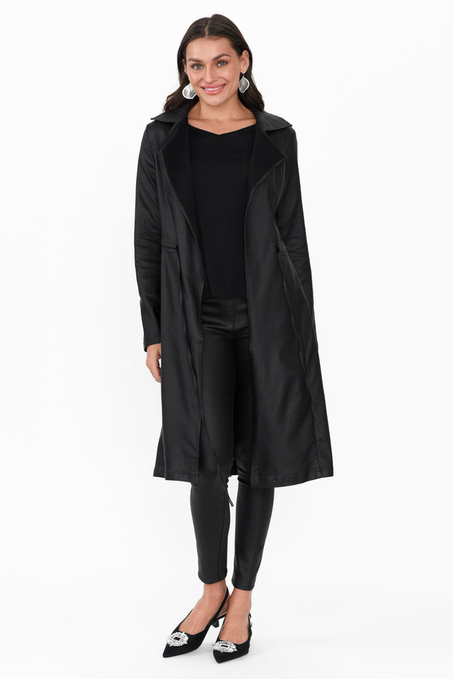 Rois Black Faux Leather Trench Coat print_Plain length_Long sleeve_Long hem_Straight sleevetype_Straight colour_Black COATS & JACKETS   alt text|model:Brontie