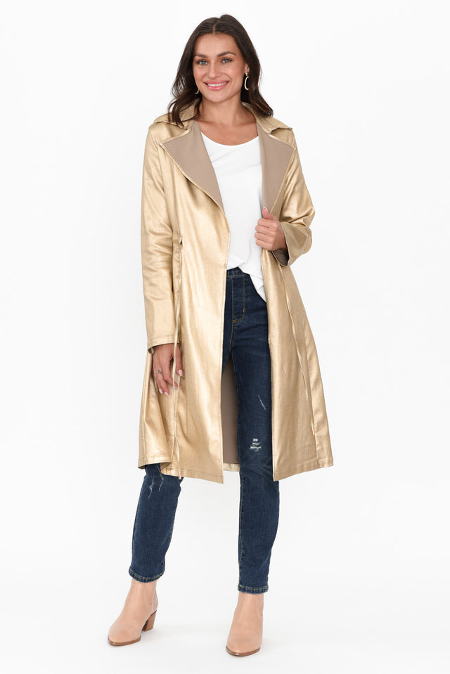 Rois Gold Faux Leather Trench Coat print_Plain length_Long sleeve_Long hem_Straight sleevetype_Straight colour_Gold COATS & JACKETS   alt text|model:Brontie