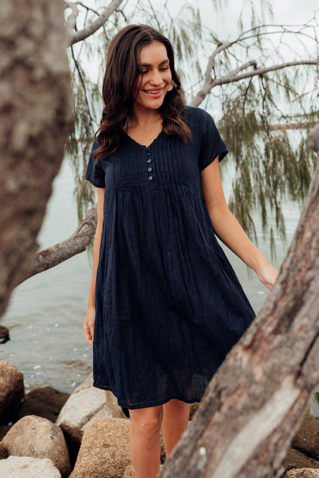 Sabina Navy Crinkle Cotton Dress