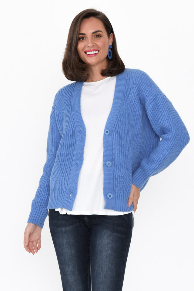 Shara Blue Knit Button Cardigan print_Plain length_Above Hip hem_Straight colour_Blue CARDIGANS   alt text|model:MJ