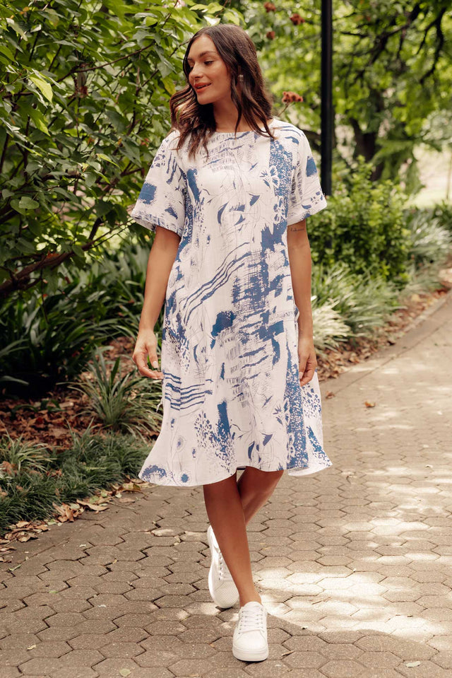 Shayann Blue Abstract Linen Cotton Dress