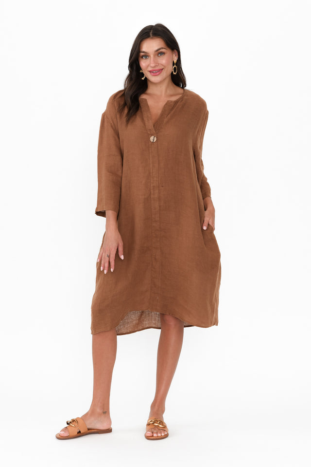 Sian Mocha Linen V Neck Dress banner image