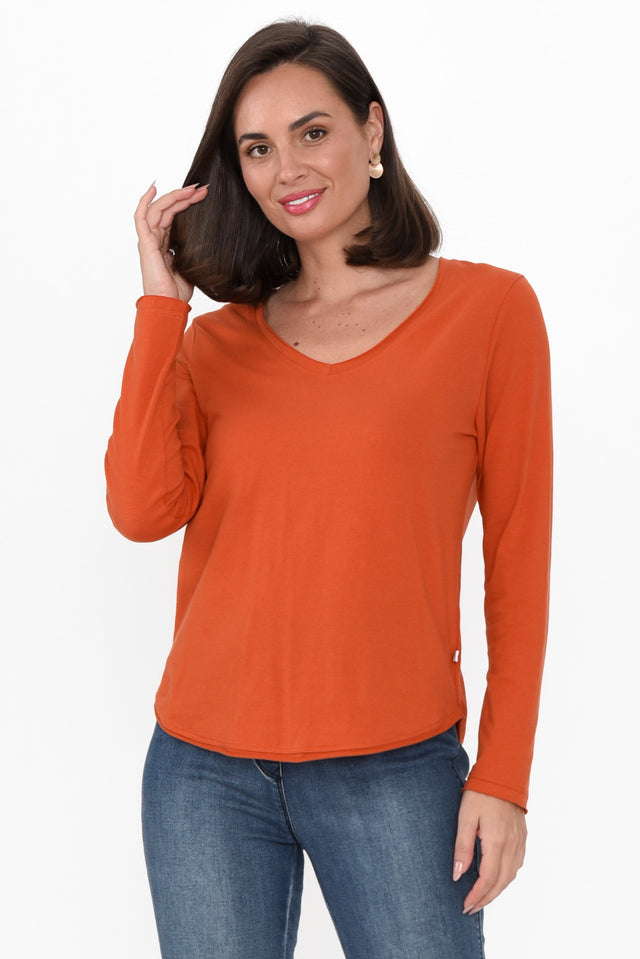 Suri Orange Cotton Long Sleeve Top print_Plain sleevetype_Straight length_Above Hip hem_Hi Lo sleeve_Long TOPS    alt text|model:MJ