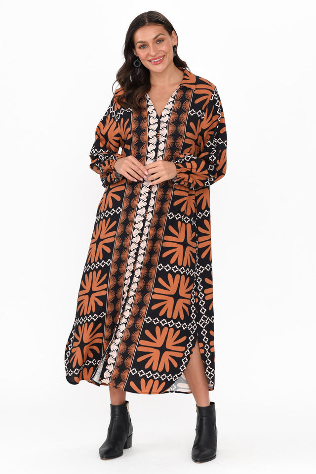 Sylvan Brown Geo Shirt Dress hem_Curved length_Midi sleeve_Long neckline_V Neck sleevetype_Statement print_Abstract colour_Rust DRESSES    alt text|model:Brontie