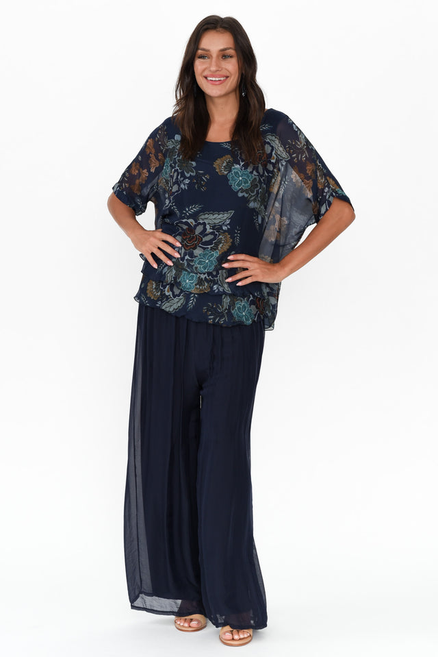 Talia Navy Flower Silk Layer Top image 7