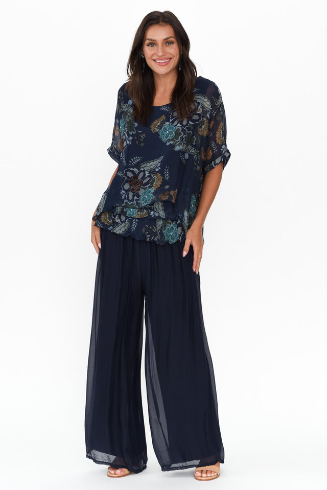 Talia Navy Flower Silk Layer Top image 3