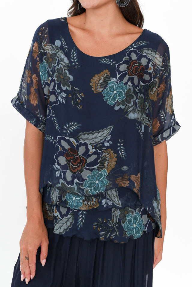 Talia Navy Flower Silk Layer Top image 4