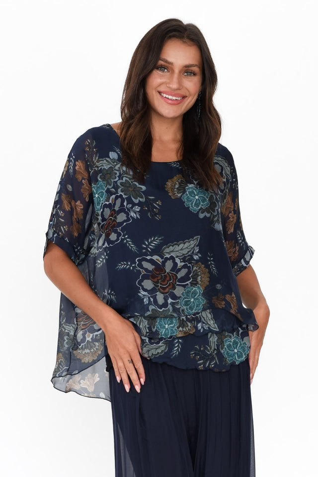 Talia Navy Flower Silk Layer Top neckline_Round 